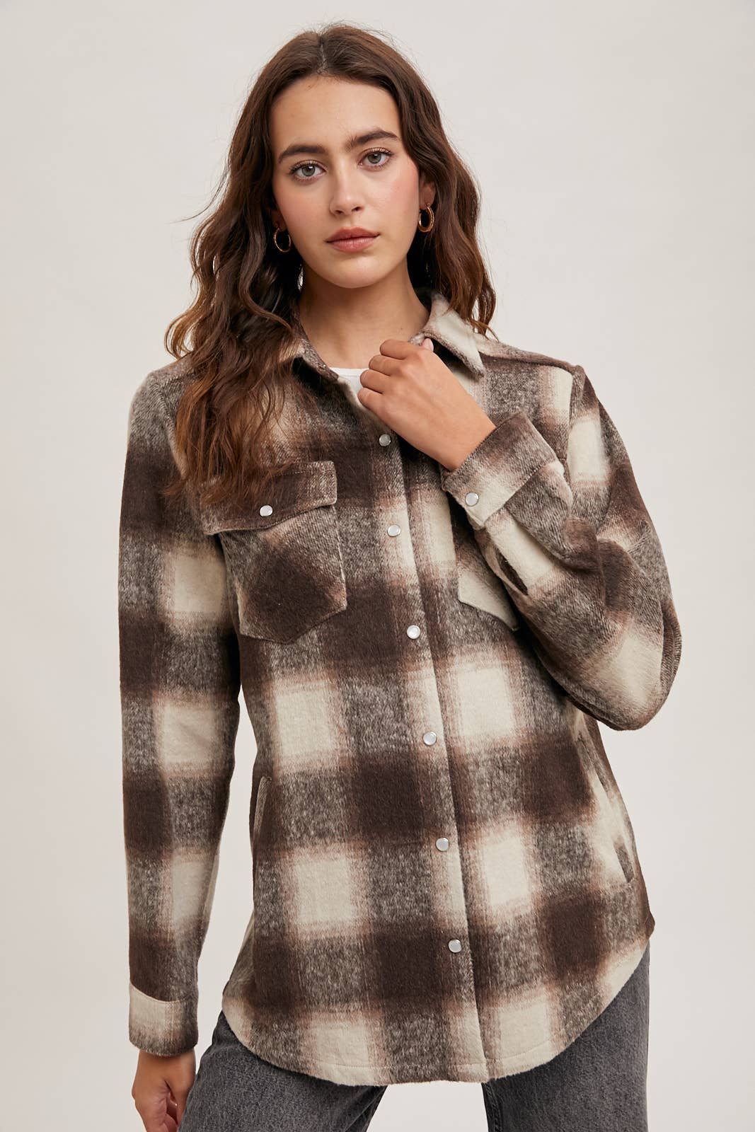 Dakota Plaid Flannel Shacket with Pockets – Brown Cream & Rust Ivory