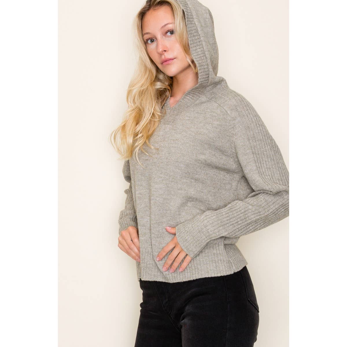 Glacier Ridge Ribbed Hoodie Sweater – V-Neck Knit Pullover | Northern Belle Boutique