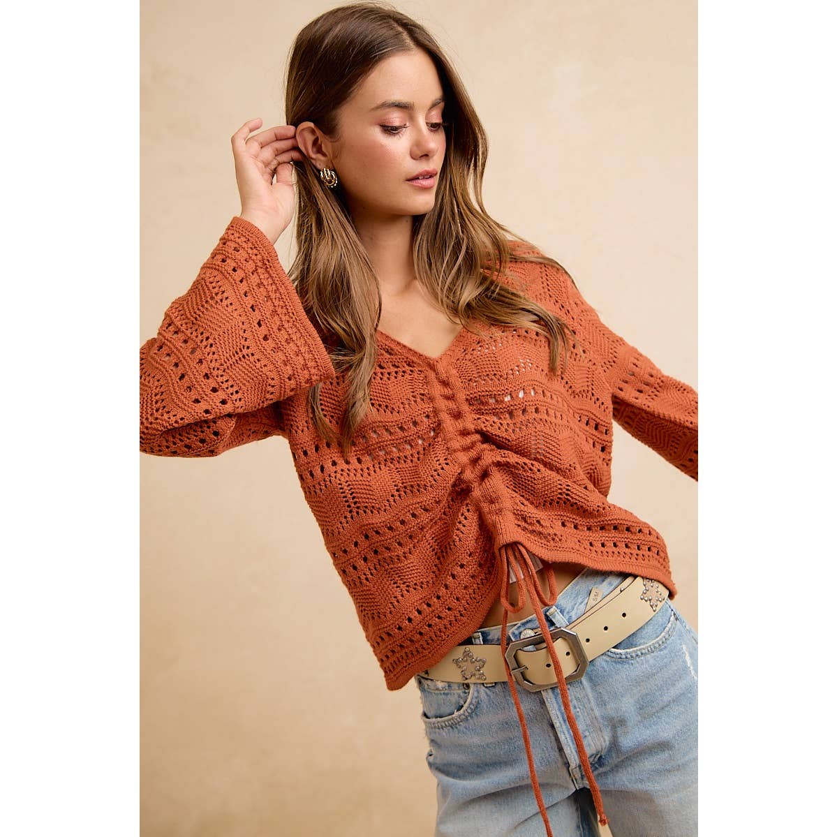 The Harvest Glow Ruched Knit Sweater: Terracotta