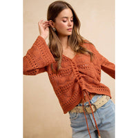 The Harvest Glow Ruched Knit Sweater: Terracotta