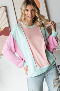 Amiee Sping Colorblock Pullover Crew Neck Long Sleeve Top: Mint