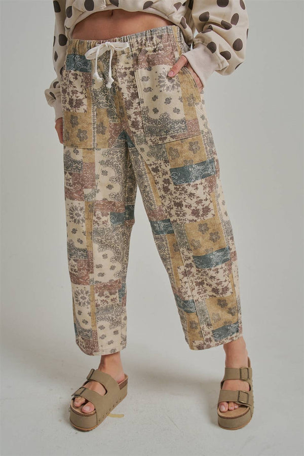 Autumn Story Patchwork Mid Rise Elastic Waist Drawstring Pants