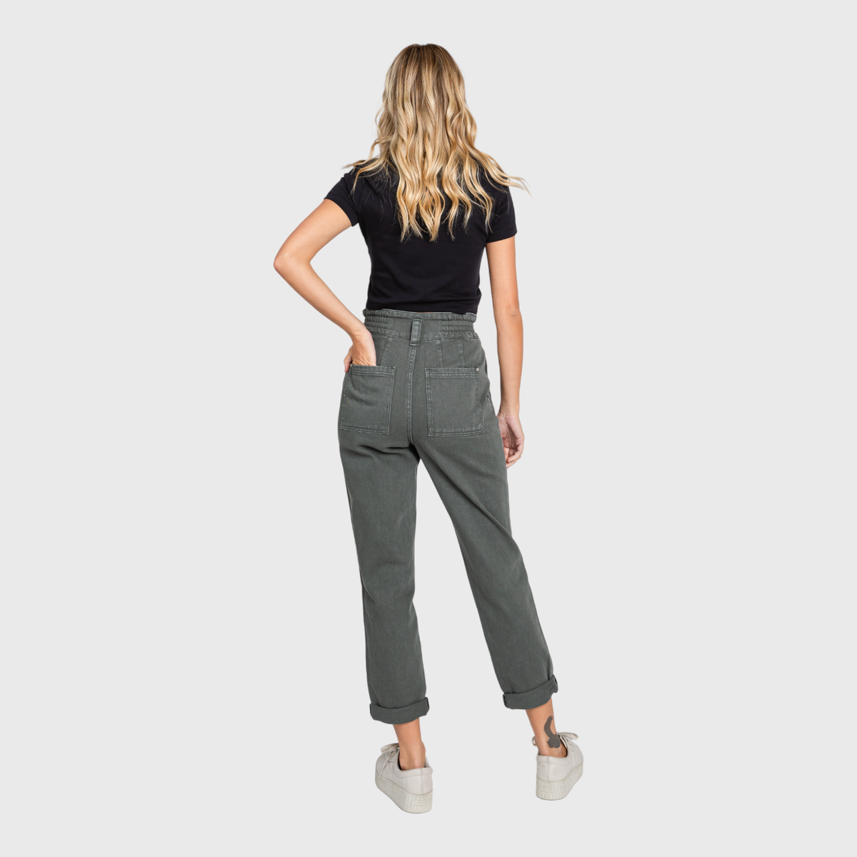 Millie Paperbag Waist Mom Jeans – High Rise Cuffed Denim in Washed Olive