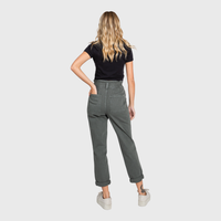 Millie Paperbag Waist Mom Jeans – High Rise Cuffed Denim in Washed Olive