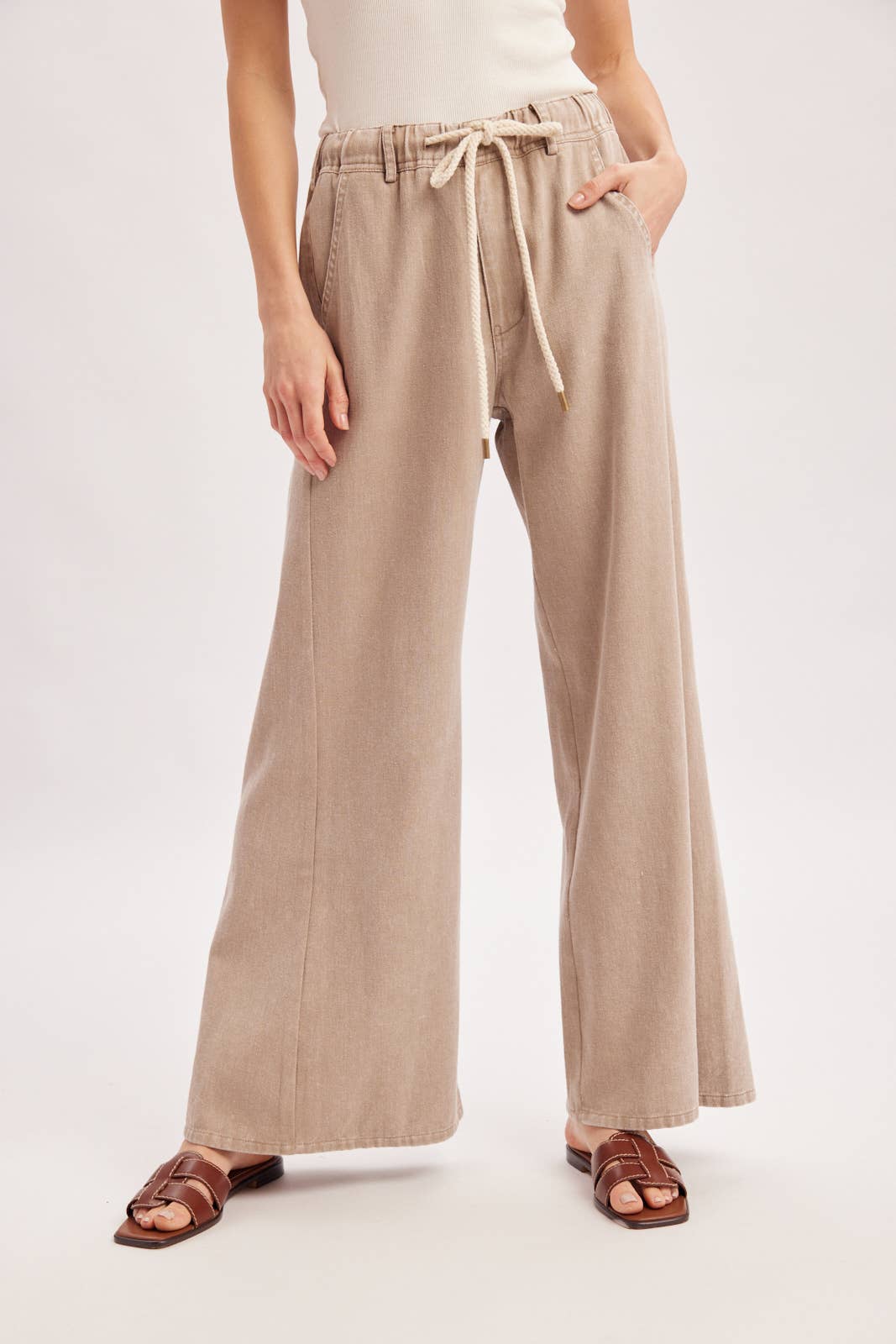 Easy Going Washed Wide Leg Pants: Sand