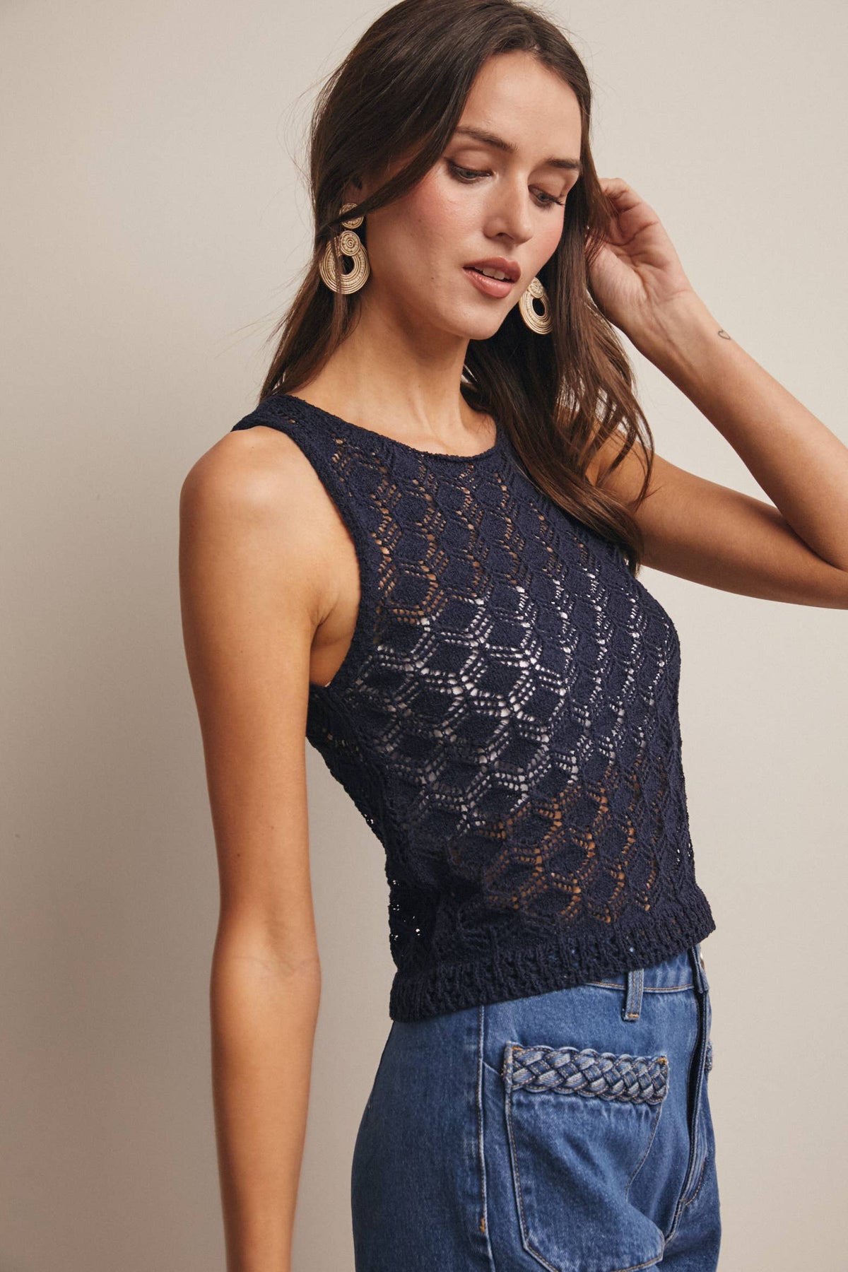 The Lainey Crochet Knit Tank: Navy – Sleeveless Open Knit Lightweight Sweater Top