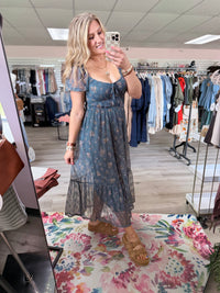 The Meadow Rose Sheer Puff Sleeve Midi Dress – Teal Floral