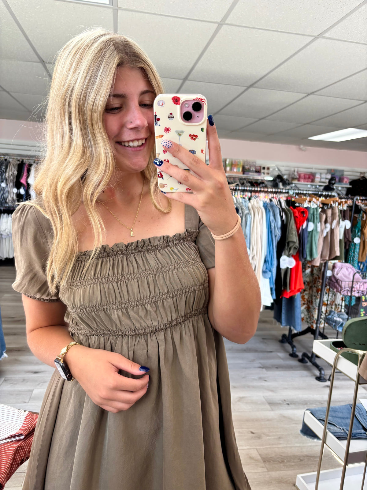 The Josie Smocked Babydoll Dress – Olive Taupe