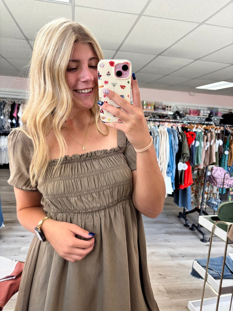 The Josie Smocked Babydoll Dress – Olive Taupe