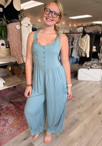 Easy Breeze Button Front Jumpsuit: Coastal Blue