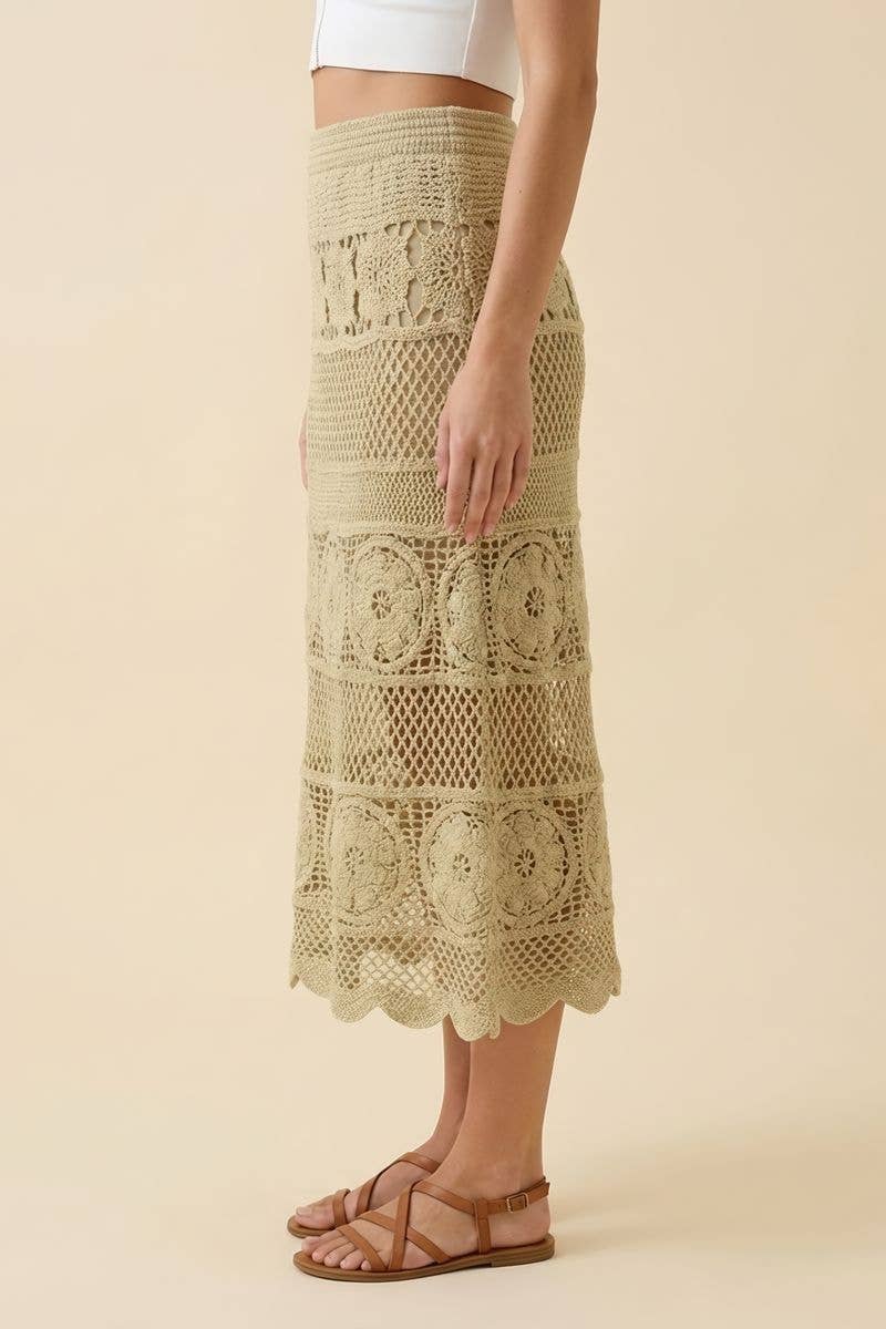 Isla Crochet Floral Midi Skirt: Olive