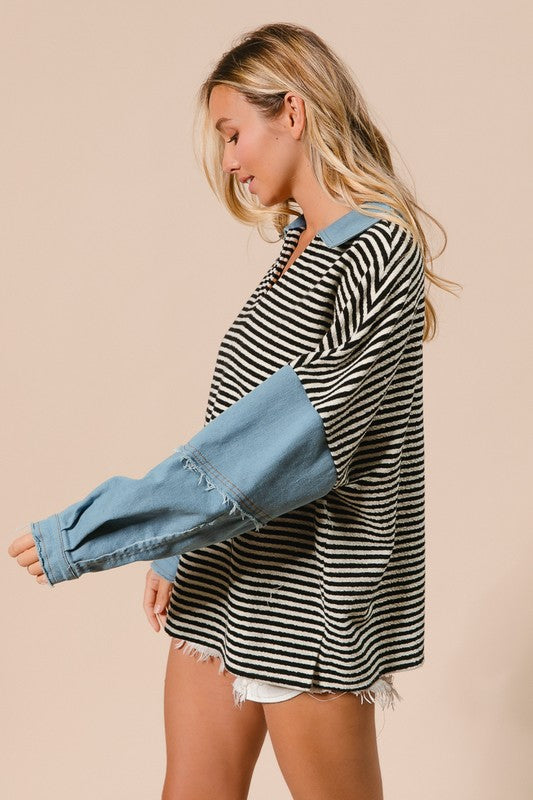 Maria Stripe Denim Sleeve Long Sleeve Top: Black