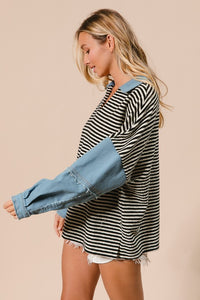 Maria Stripe Denim Sleeve Long Sleeve Top: Black