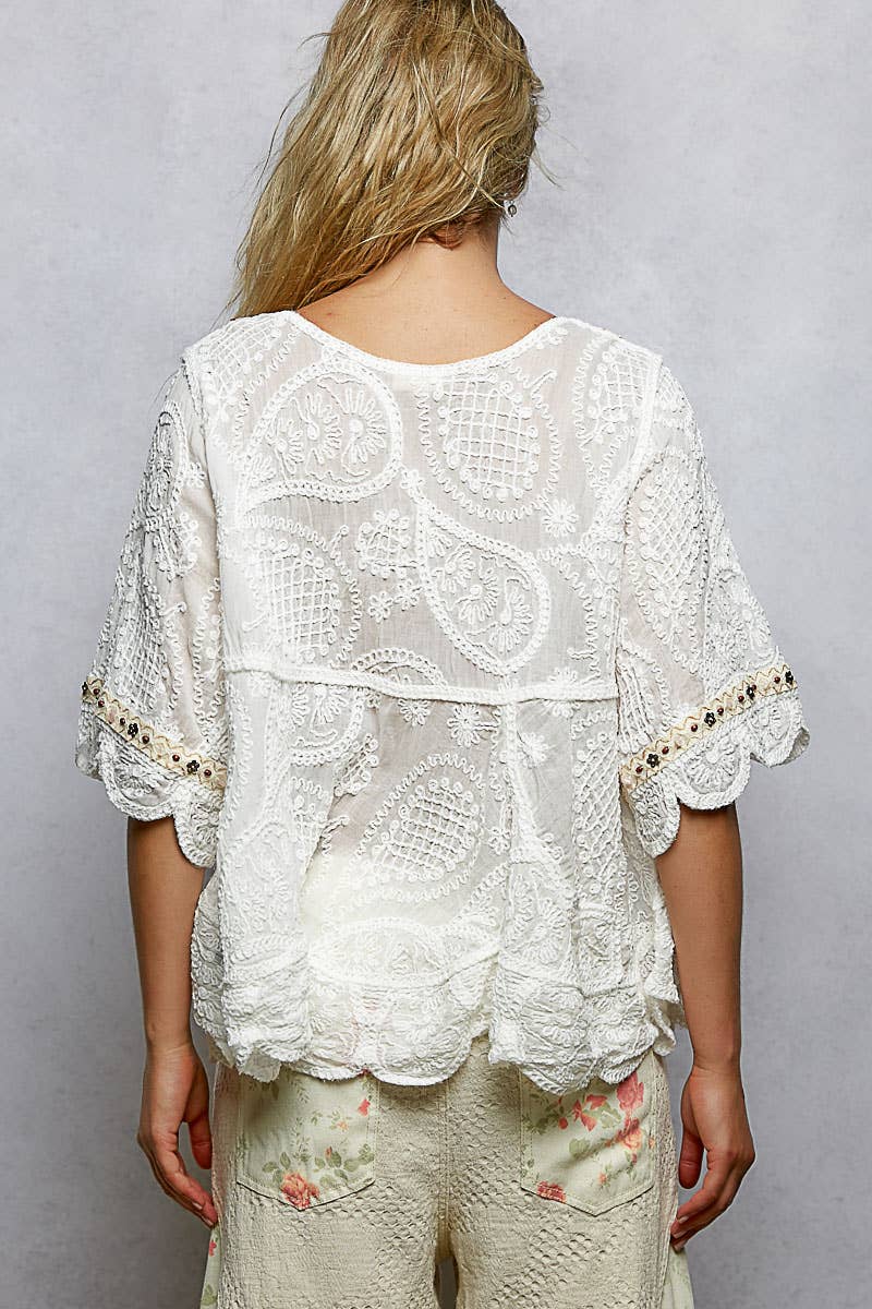 Meadow Song Embroidered Blouse: Off White