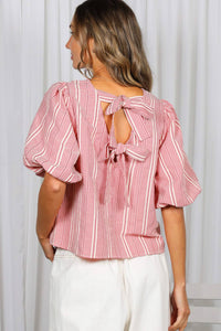 The Blakely Plaid Bow Back Blouse: Red – Bubble Sleeve Feminine Tie Back Top
