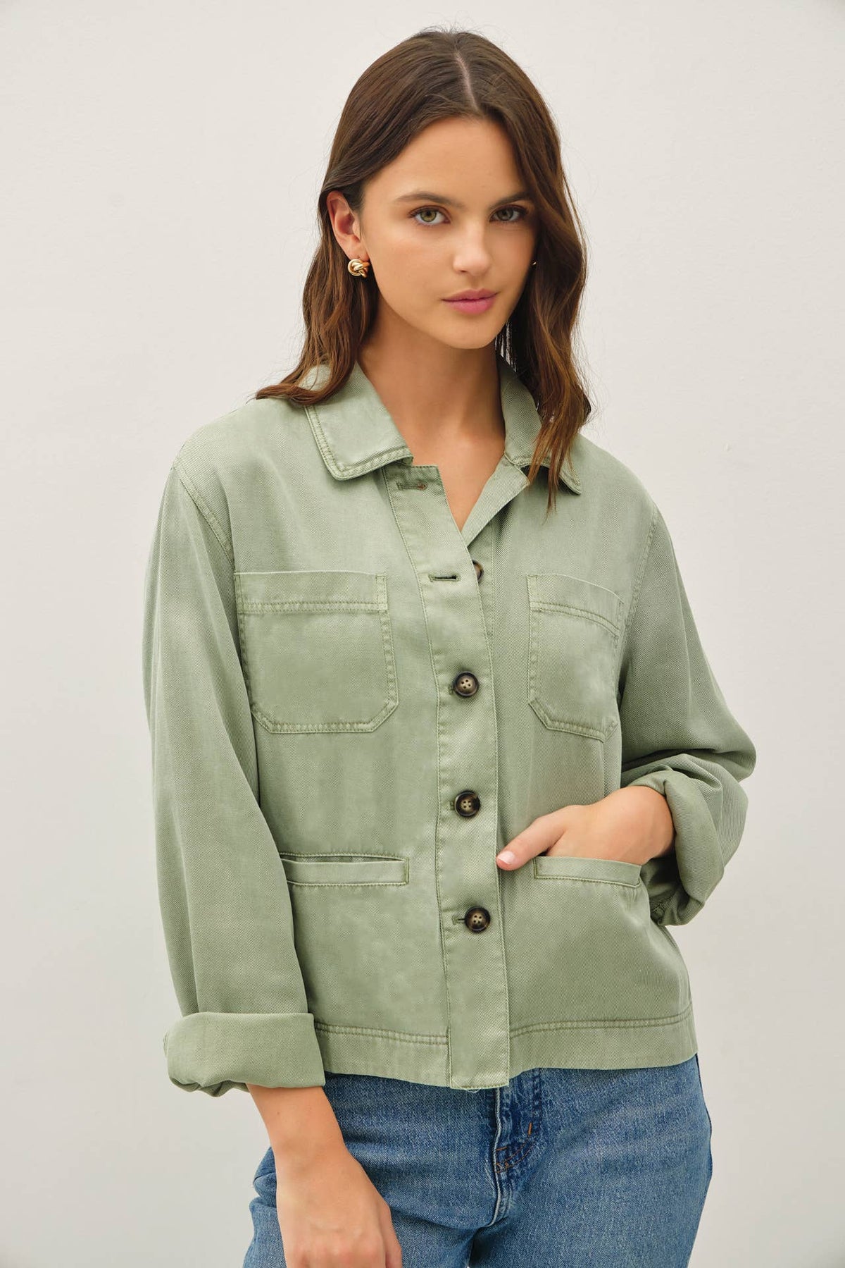 The Rowan Washed Twill Jacket: Sage – Tencel Linen Blend Boxy Utility Jacket