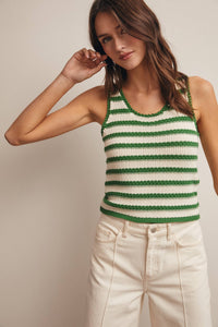 The Poppy Striped Crochet Tank: Green  – Sleeveless Textured Knit Summer Top