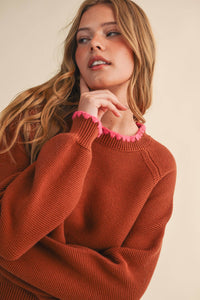 The Rosalie Contrast Stitch Puff Sleeve Sweater: Brown Sugar– Cozy Knit Long Sleeve Top