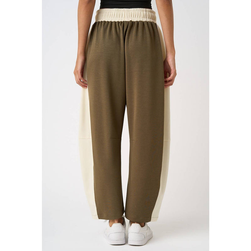 Olive Cloud Knit Contrast Stripe Barrel Pants: Olive/Ivory