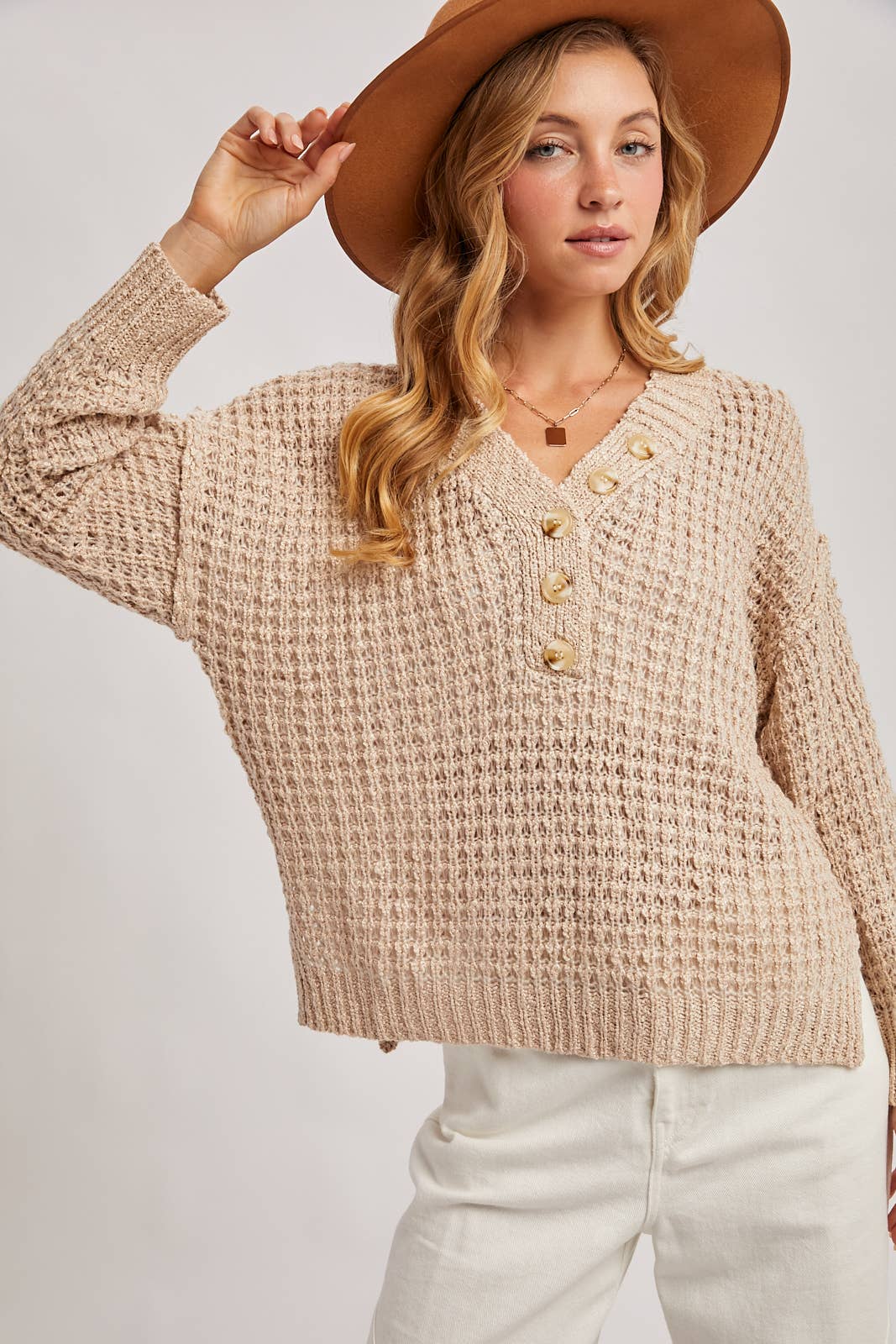 owan Button-Front Thermal Sweater Top – Cozy Knit Henley, Neutral Fall Sweater | Northern Belle Boutique