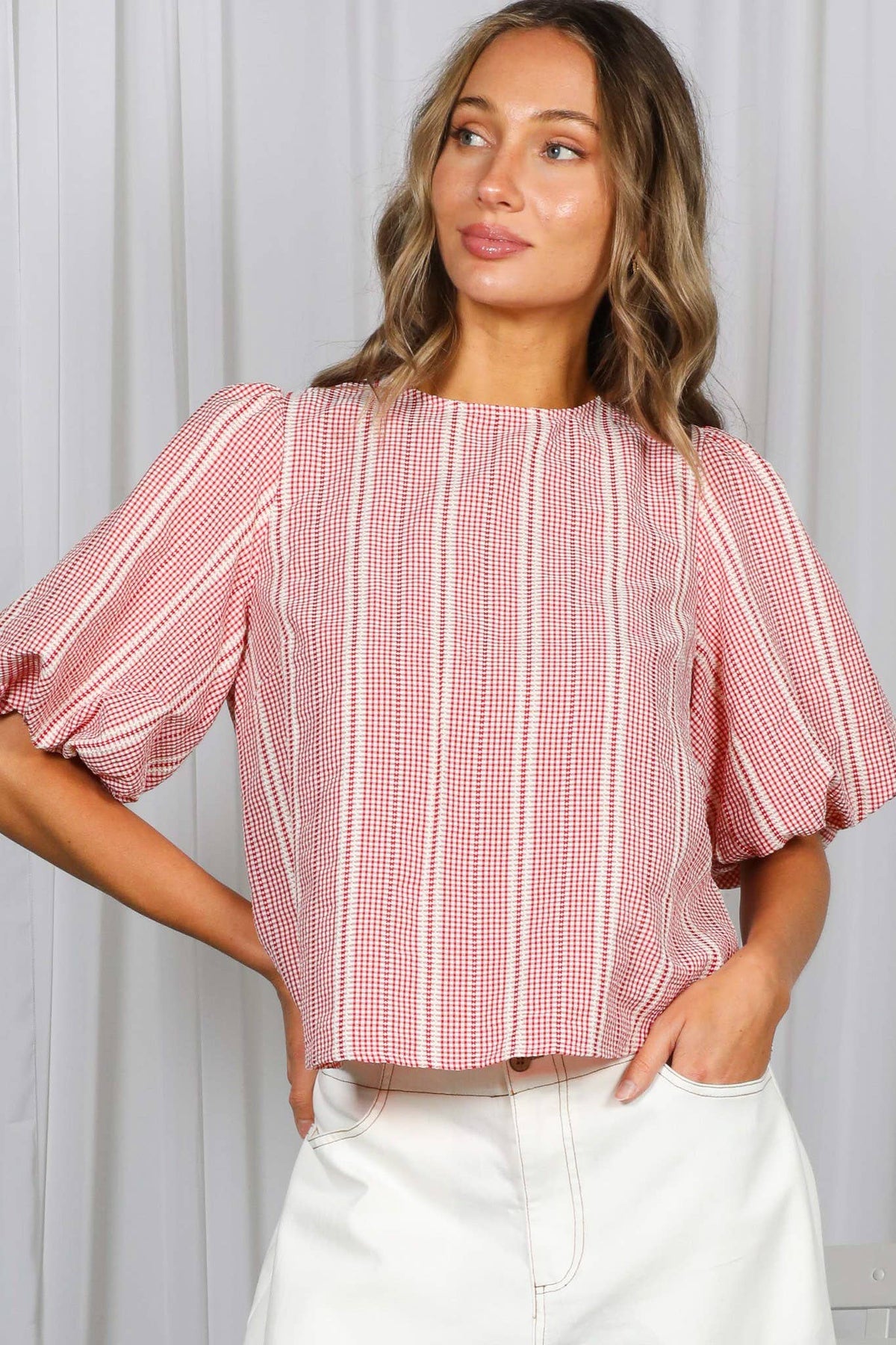 The Blakely Plaid Bow Back Blouse: Red – Bubble Sleeve Feminine Tie Back Top