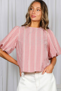 The Blakely Plaid Bow Back Blouse: Red – Bubble Sleeve Feminine Tie Back Top