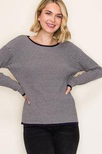 The Maren Striped Waffle Knit Pullover – Navy & Cream