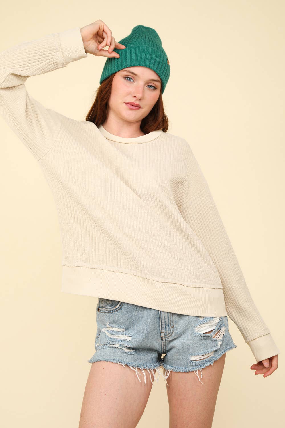 Caroline Oversized Soft Textured Knit Top: Cream