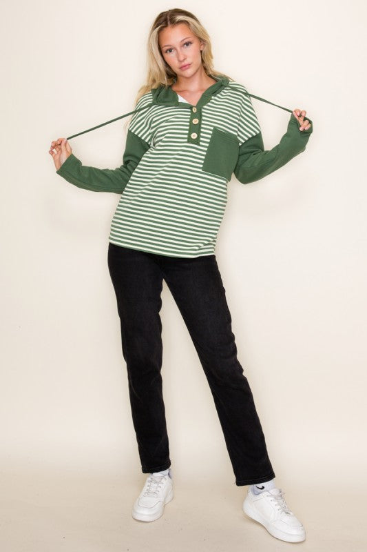Brinley Striped Half-Button Hoodie – Color-Blocked Long Sleeve Top with Chest Pocket