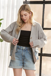 CESW3855A-BUTTONS STRIPED DENIM POCKETS CARDIGAN: LT GREY / SM-ML(3-3)