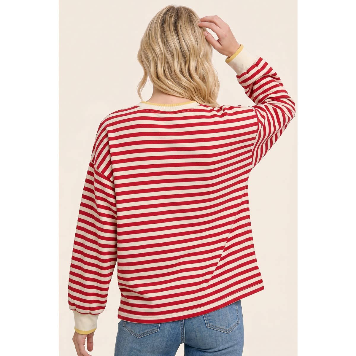 RELAXTED FIT STRIPED SWEATSHIRT: CAMEL / S-M-L-XL(2-2-2-1)
