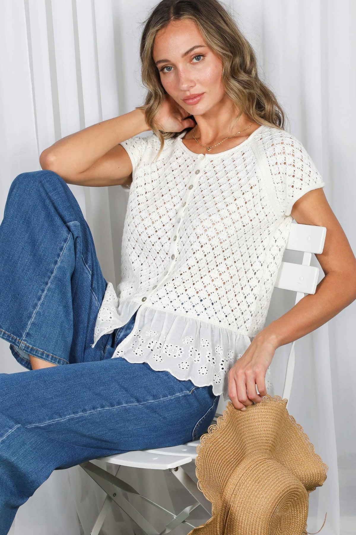The Elodie Crochet Eyelet Ruffle Sweater: Cream
