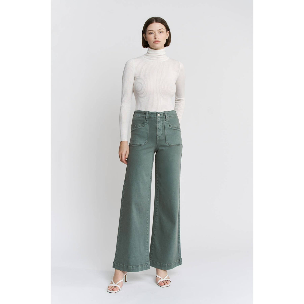 Mica Denim Remi High Rise Wide Leg Jeans – Sage Green Vintage Wash Stretch Denim