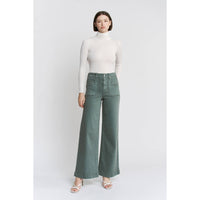 Mica Denim Remi High Rise Wide Leg Jeans – Sage Green Vintage Wash Stretch Denim