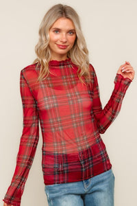 Festive Flannel Vibes Mesh Top – Red Plaid Sheer Long Sleeve Holiday Layer
