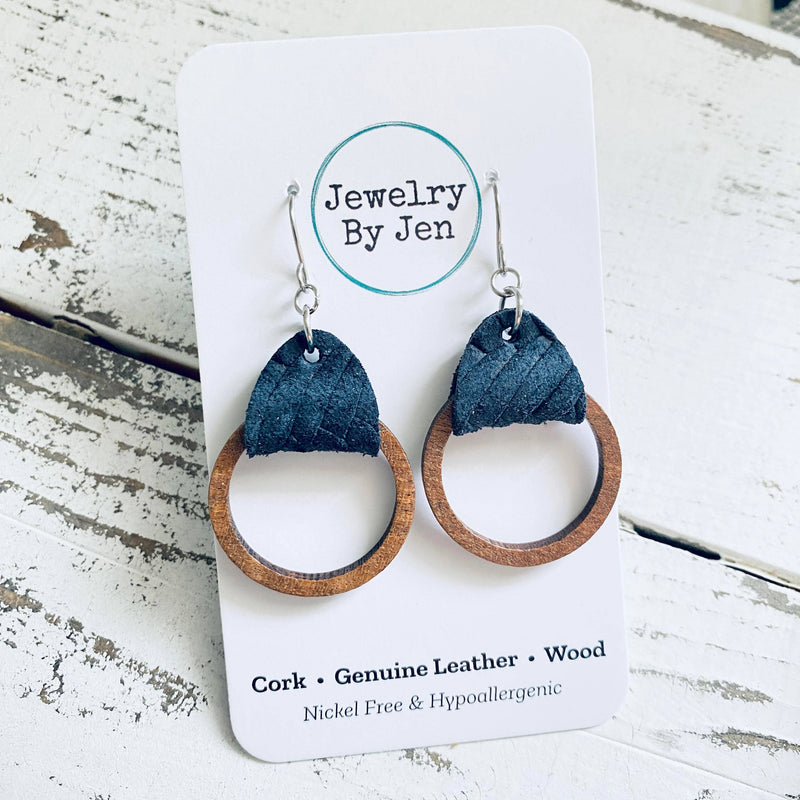 Camden Leather & Wood Hoop Earrings – Genuine Leather, Nickel-Free Hypoallergenic Jewelry
