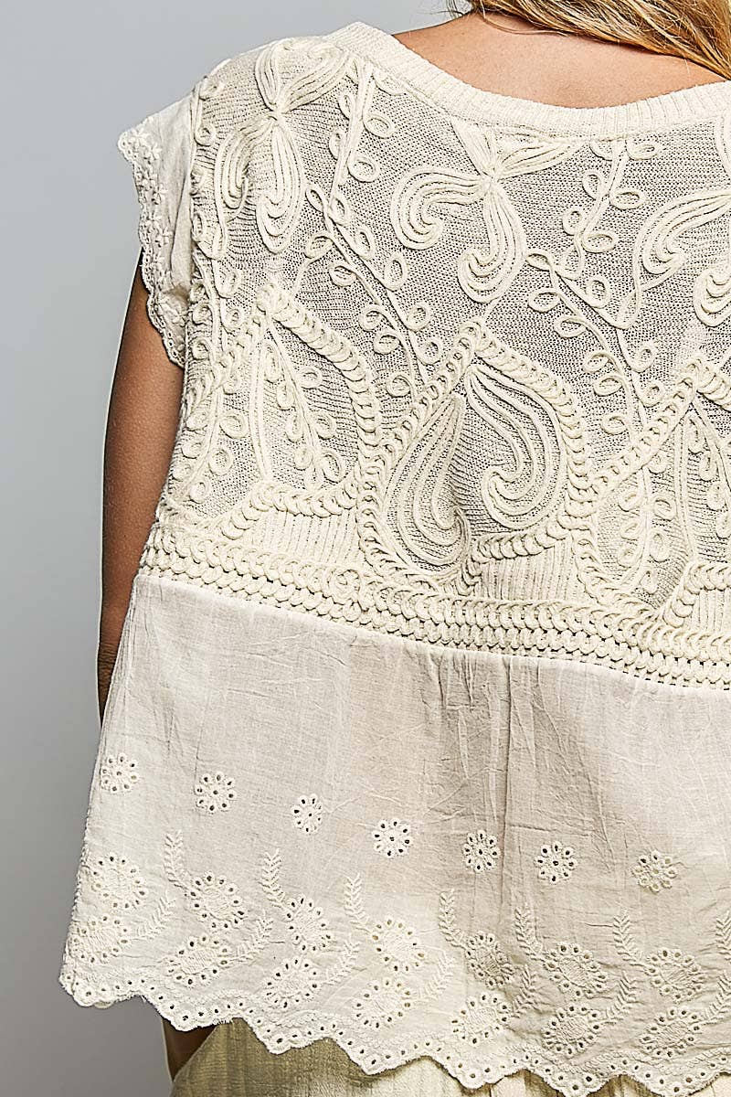 Willow Mae Boho Crochet Sleeveless Top with Embroidered Eyelet Hem: Natural