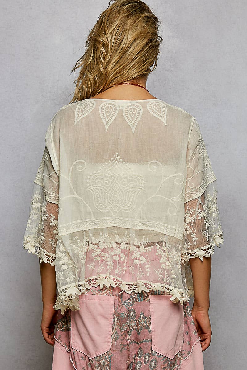 1/2 Sleeve Lace Ruffle Trim Opening Solid Crochet Cardigan: NATURAL / Os