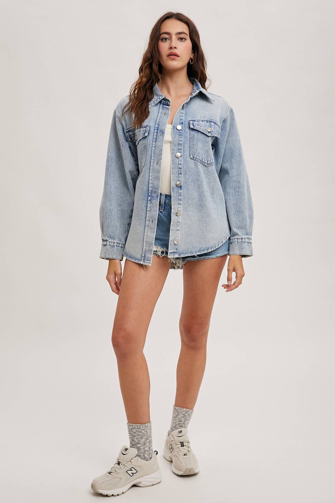 The Camille Washed Denim Shirt Jacket: Light Wash – Relaxed Button Down Shacket