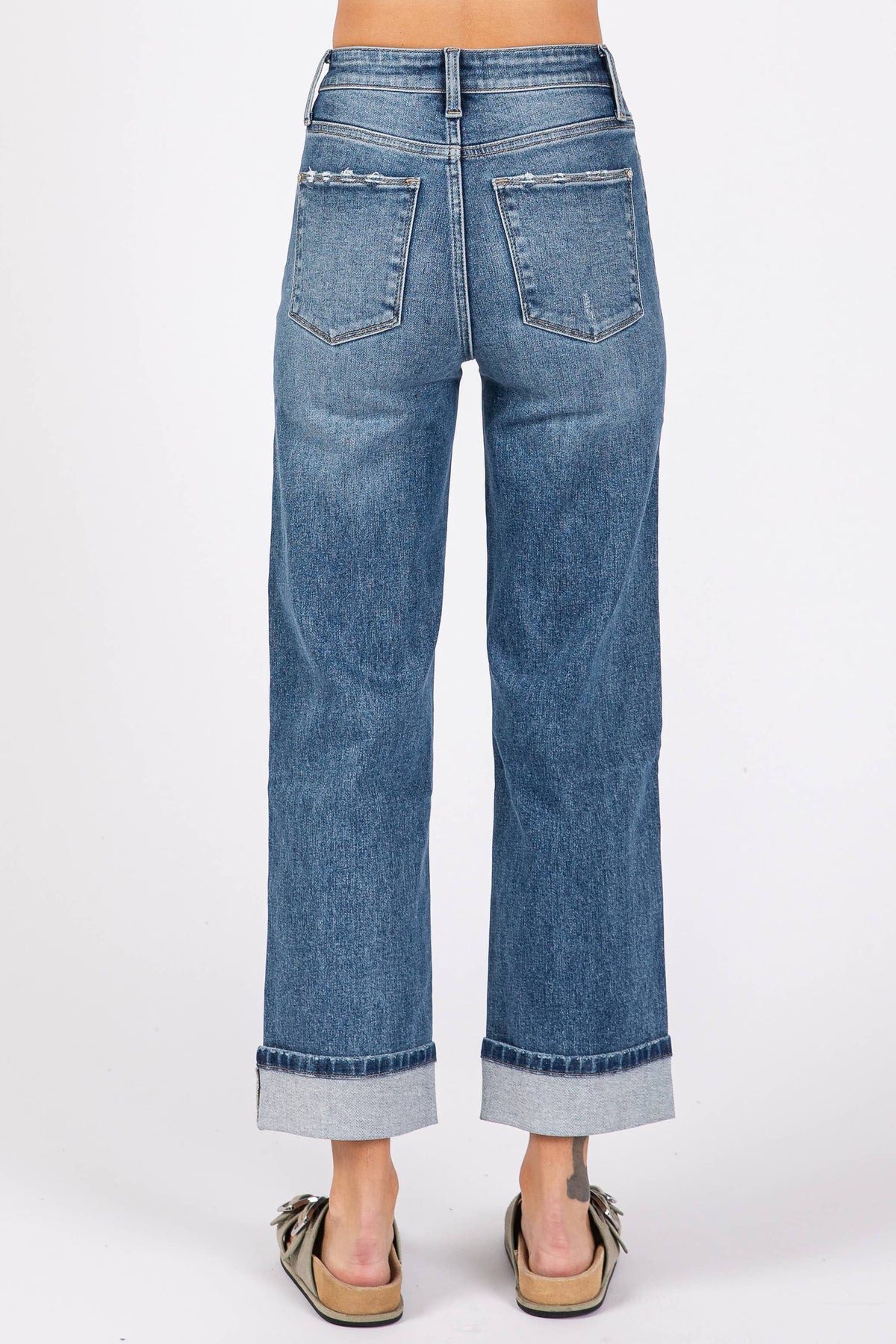 Ella High Rise Relaxed Straight Jeans with Cuffed Hem – Medium Wash