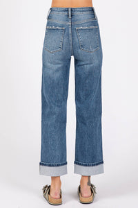 Ella High Rise Relaxed Straight Jeans with Cuffed Hem – Medium Wash