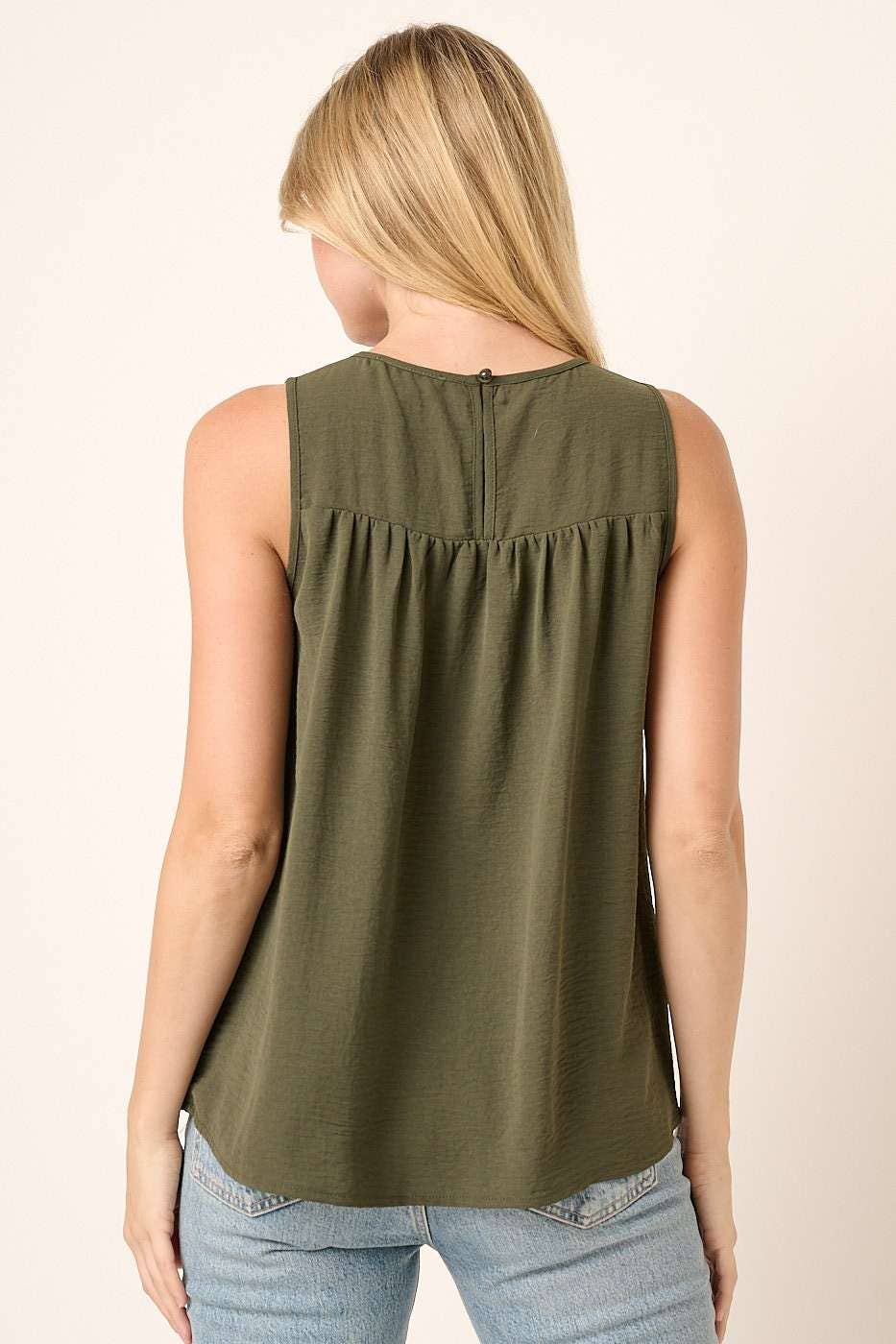 Stacie Smocked Airlfow Sleeveless Blouse: Olive