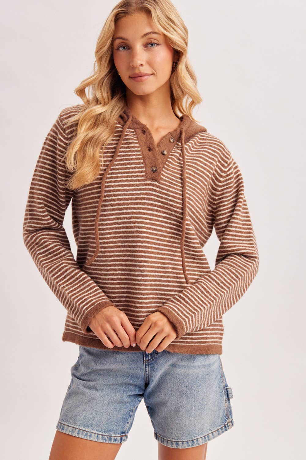 Off the Clock Striped Sweater Hoodie: Cocoa/Cream