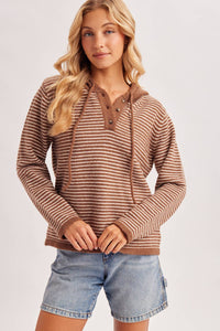Off the Clock Striped Sweater Hoodie: Cocoa/Cream