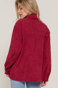 Amber Long Sleeve Front Pocket Button Down Corduroy Jacket: Burgundy