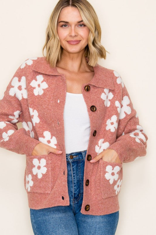 The Maribel Floral Button Front Cardigan – Rust & Ivory