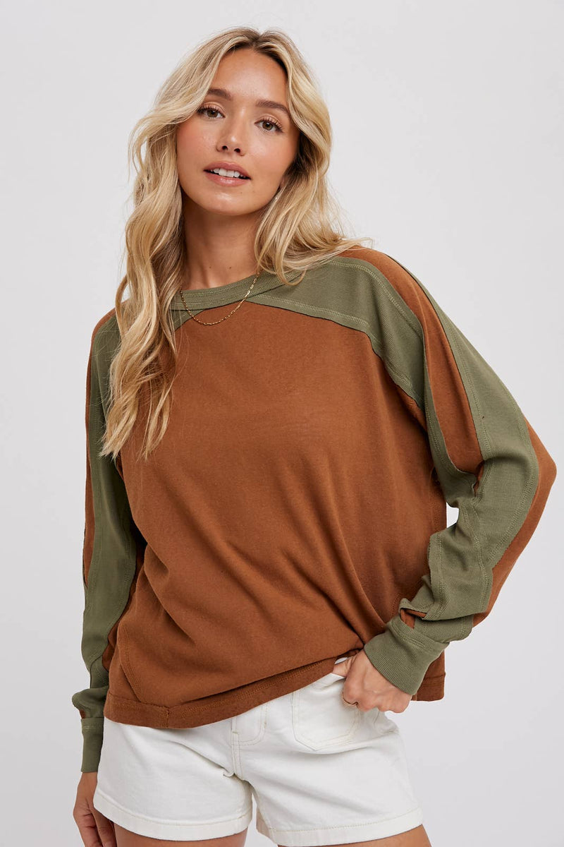 Sutton Contrast Sleeve Oversized Long Sleeve Top – Chestnut & Olive