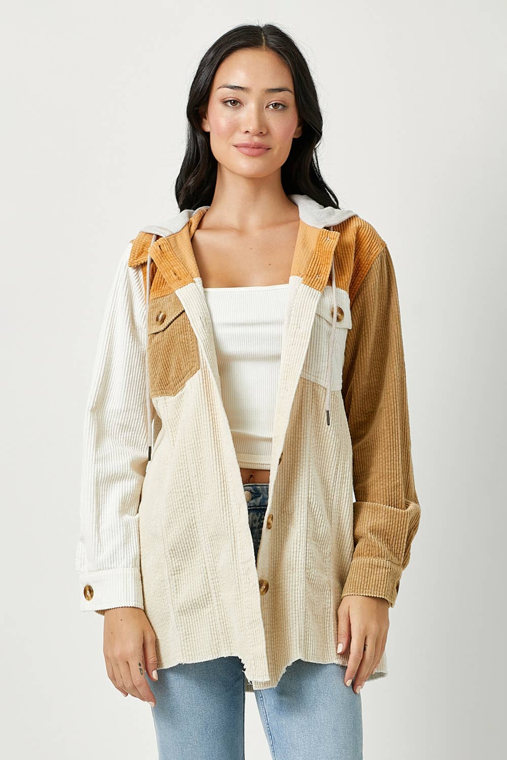 Sadie Color Block Corduroy Hoodie Shacket – Washed Button Down Hi-Low Hem