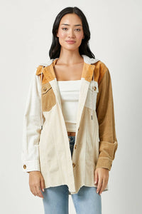 Sadie Color Block Corduroy Hoodie Shacket – Washed Button Down Hi-Low Hem