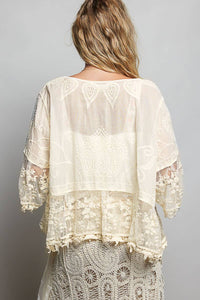 1/2 Sleeve Lace Ruffle Trim Opening Solid Crochet Cardigan: NATURAL / Os